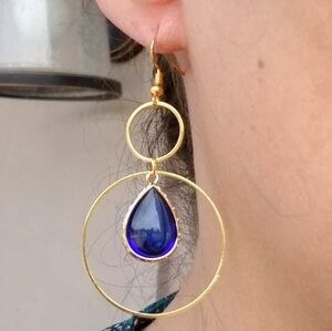 Blue Sapphire Double Hoop Dangle Earrings, Gold Sapphire Earrings, Gold Hoops